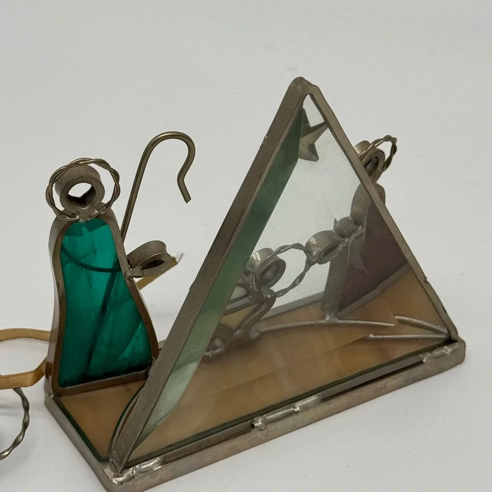 Vintage Stained Glass Nativity Scene Set Miniature Creche & Angel Ornament 4.5x4